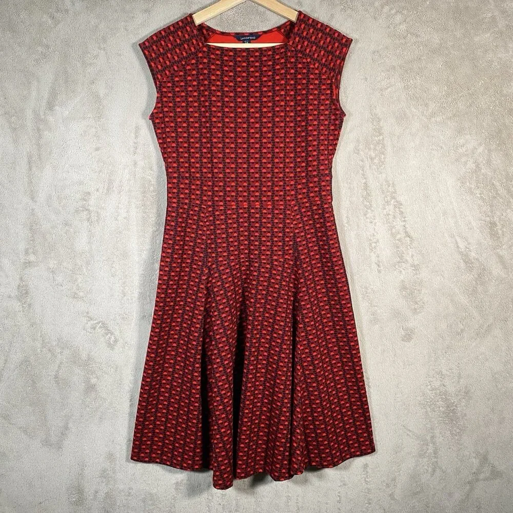 Lands End Ponte Knit Dress Red Geometric Cap Sleeve Fit & Flare Modest Church - Picture 2 of 12